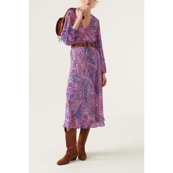 ba&sh Franky Midi Dress Boho Paisley Print Long Sleeve V-Neck Size Small - Picture 8 of 8